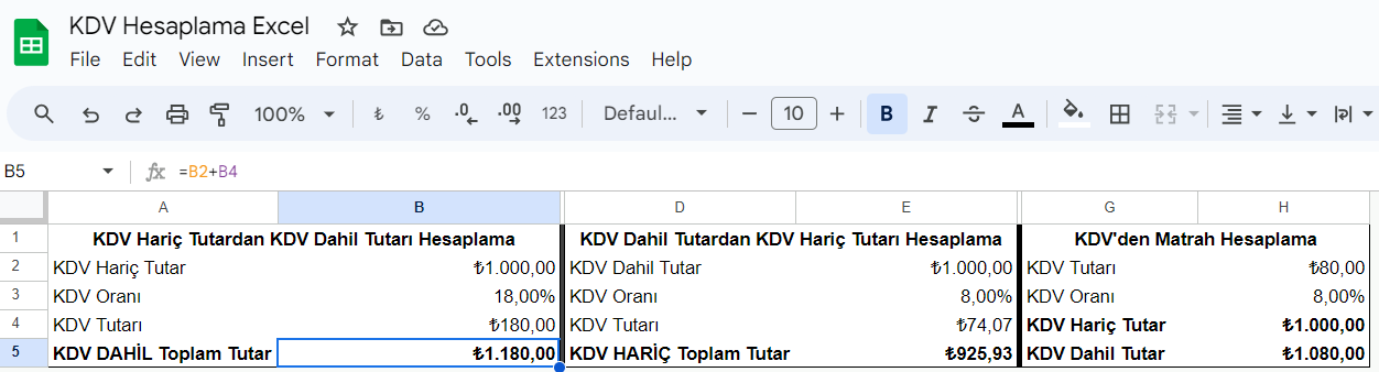 KDV Hesaplama Excel